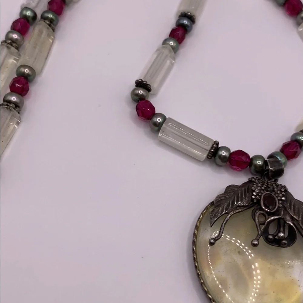 Moonstone and Garnet Sterling Unique Vintage Artisan Made Pendant